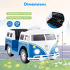 Dimensions of the blue licensed Volkswagen ride-on bus, measuring 35" long, 17" high, and 19.5" wide for kids aged 3+.