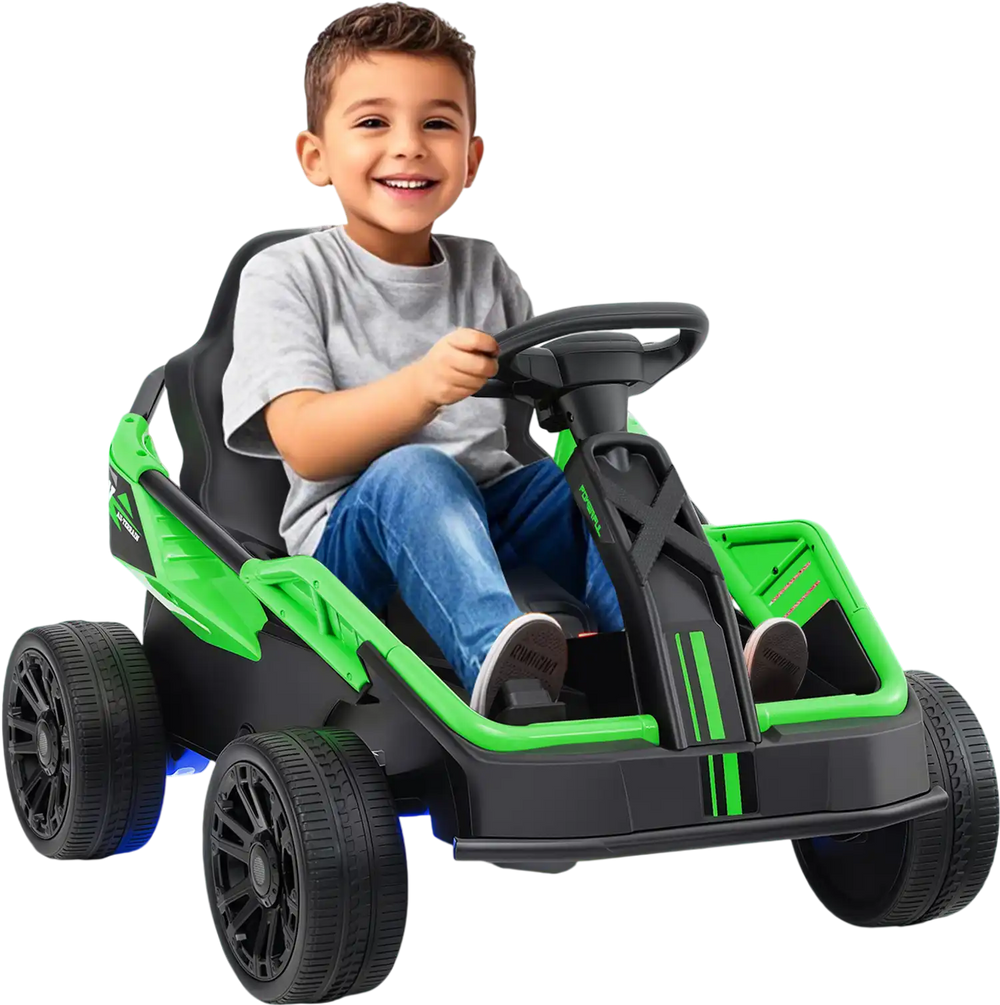 Kid driving a green 12V electric UTV with remote control, featuring music and LED lights for outdoor fun.