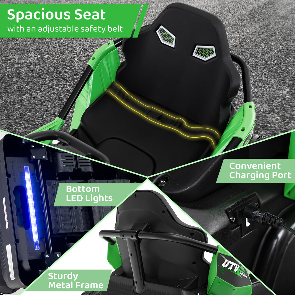 Spacious seat of the 12V Ride on Car UTV in green, featuring an adjustable safety belt and sturdy metal frame.