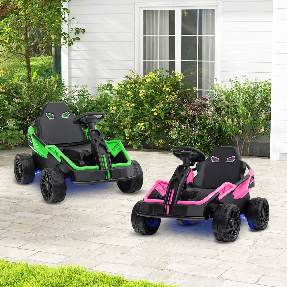 Two 12V ride-on electric UTVs in green and pink, featuring remote control, music, and LED lights for kids' outdoor fun.