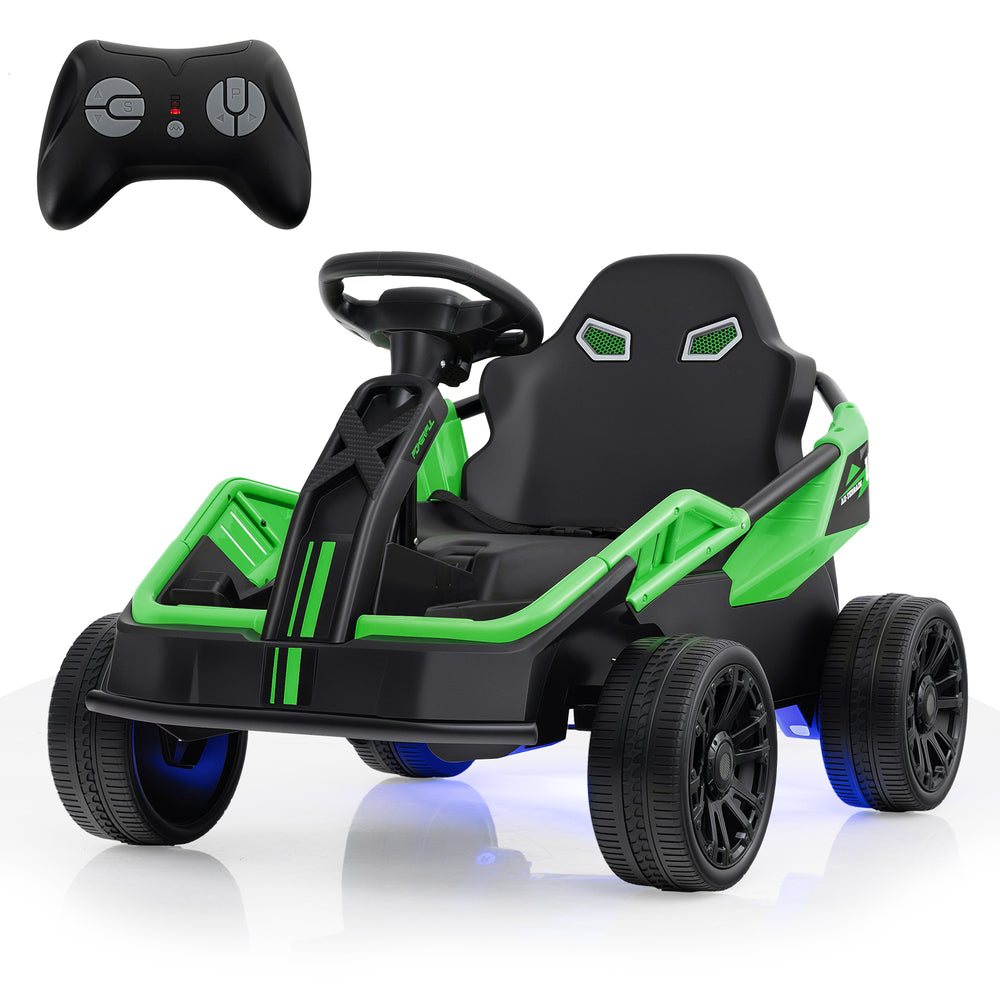 Electric UTV ride-on car in green with remote control, music, and LED lights for kids aged 3-8 years.
