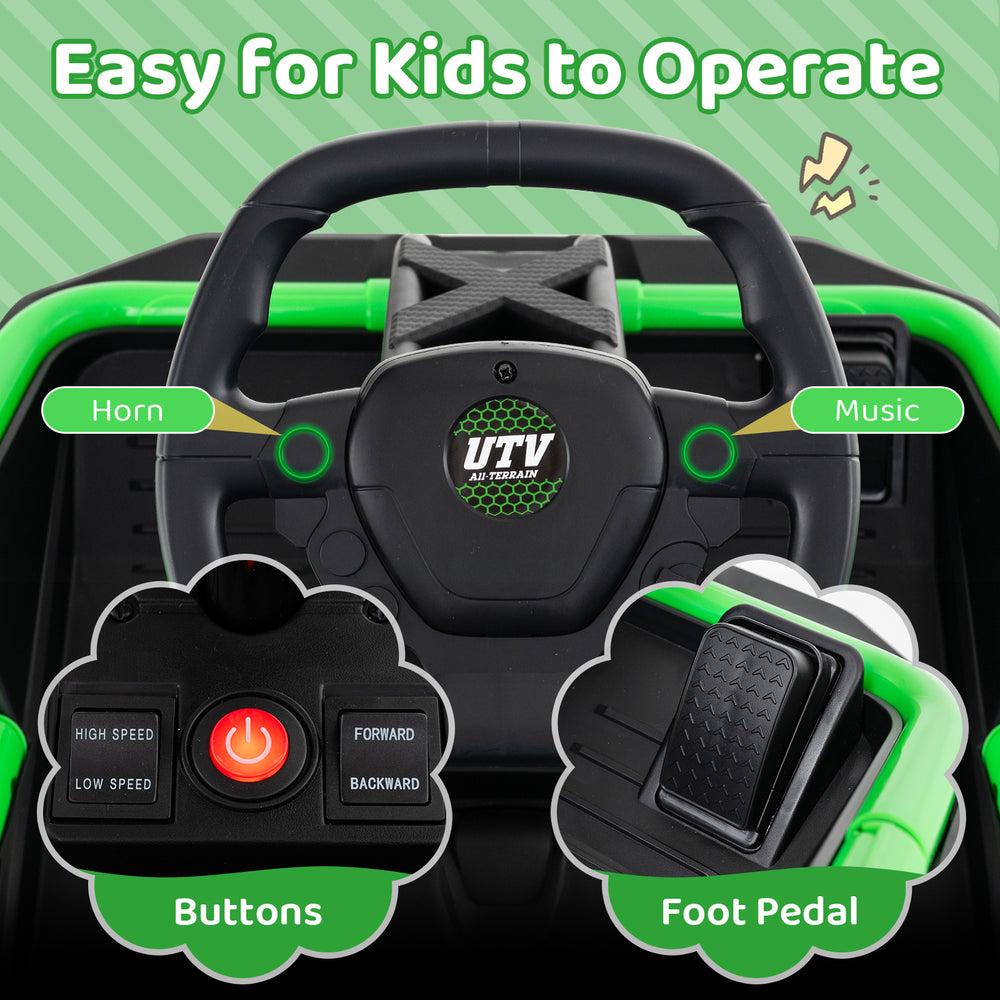 Steering wheel and foot pedal of the 12V Ride on Car Electric UTV in green, designed for easy operation by kids.