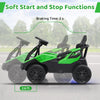 Electric UTV ride-on car in green with soft start/stop functions, designed for kids with remote control and music.