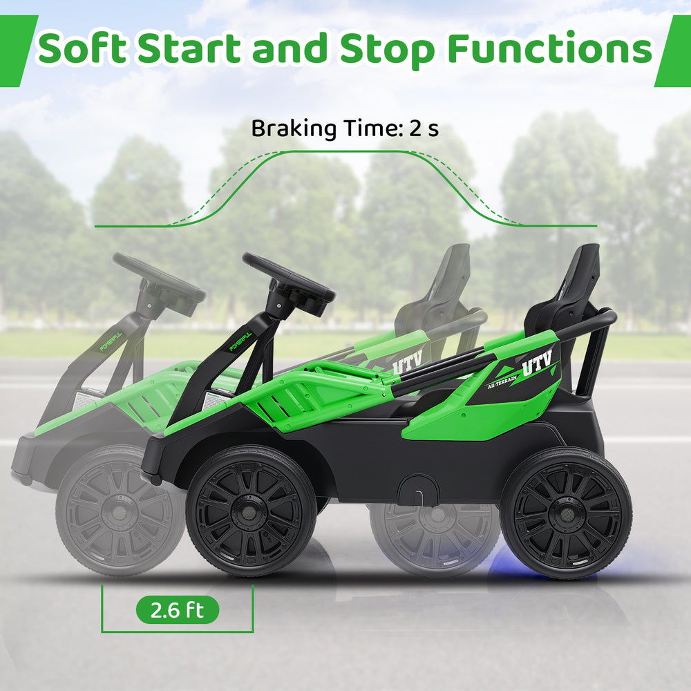 Electric UTV ride-on car in green with soft start/stop functions, designed for kids with remote control and music.