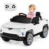 Licensed Chevrolet 12V ride-on truck in white, featuring remote control, realistic lights, and spacious seat for kids.