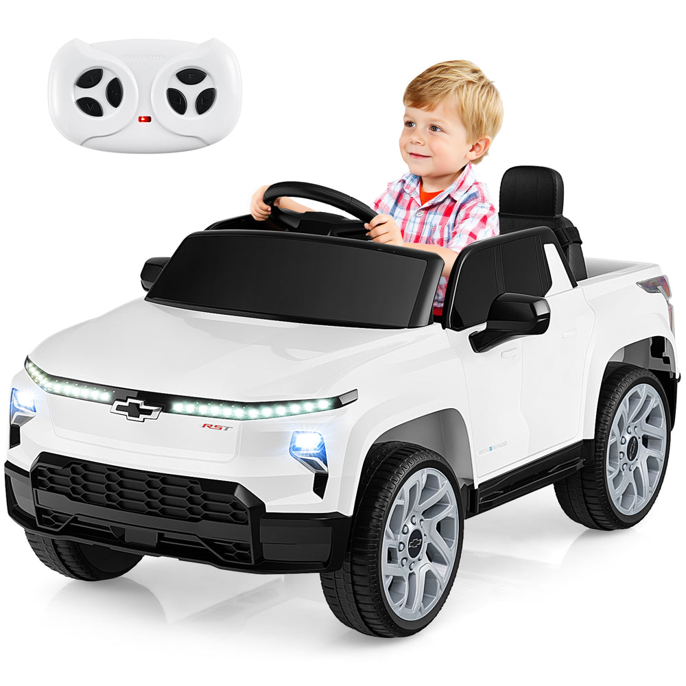 Licensed Chevrolet 12V ride-on truck in white, featuring remote control, realistic lights, and spacious seat for kids.
