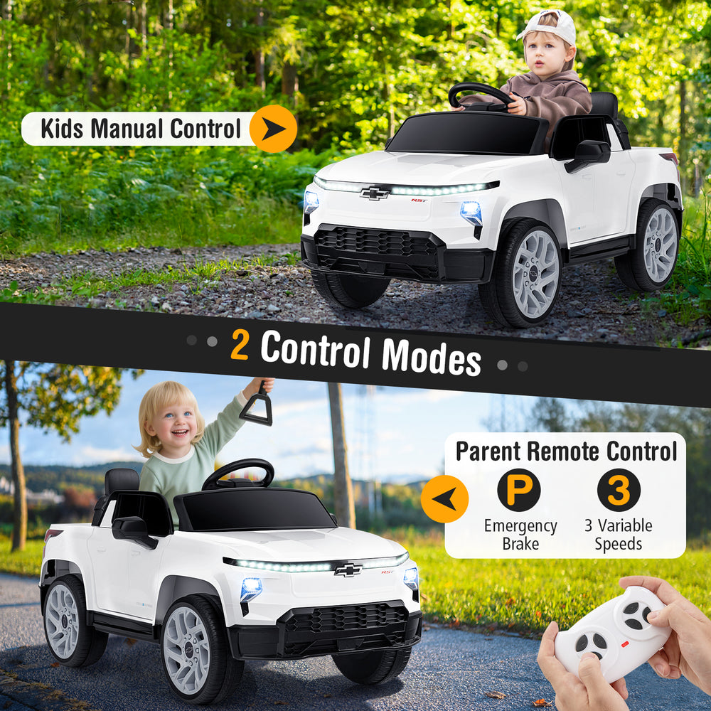 Licensed Chevrolet 12V ride-on truck in white with kids' manual control and parent remote control for safe driving fun.