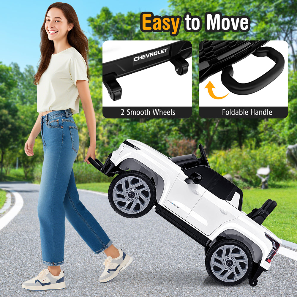 Licensed Chevrolet 12V ride-on truck with remote control, foldable handle, and smooth wheels for easy movement.