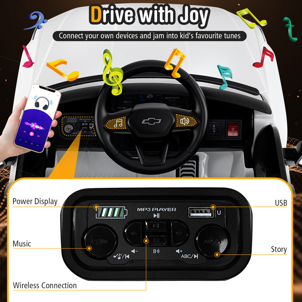 Chevrolet ride-on truck dashboard featuring MP3 player, USB, and wireless connection for kids' music enjoyment.