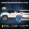 Licensed Chevrolet kids ride-on truck in white with remote control, realistic lights, and storage cube for safe outdoor.