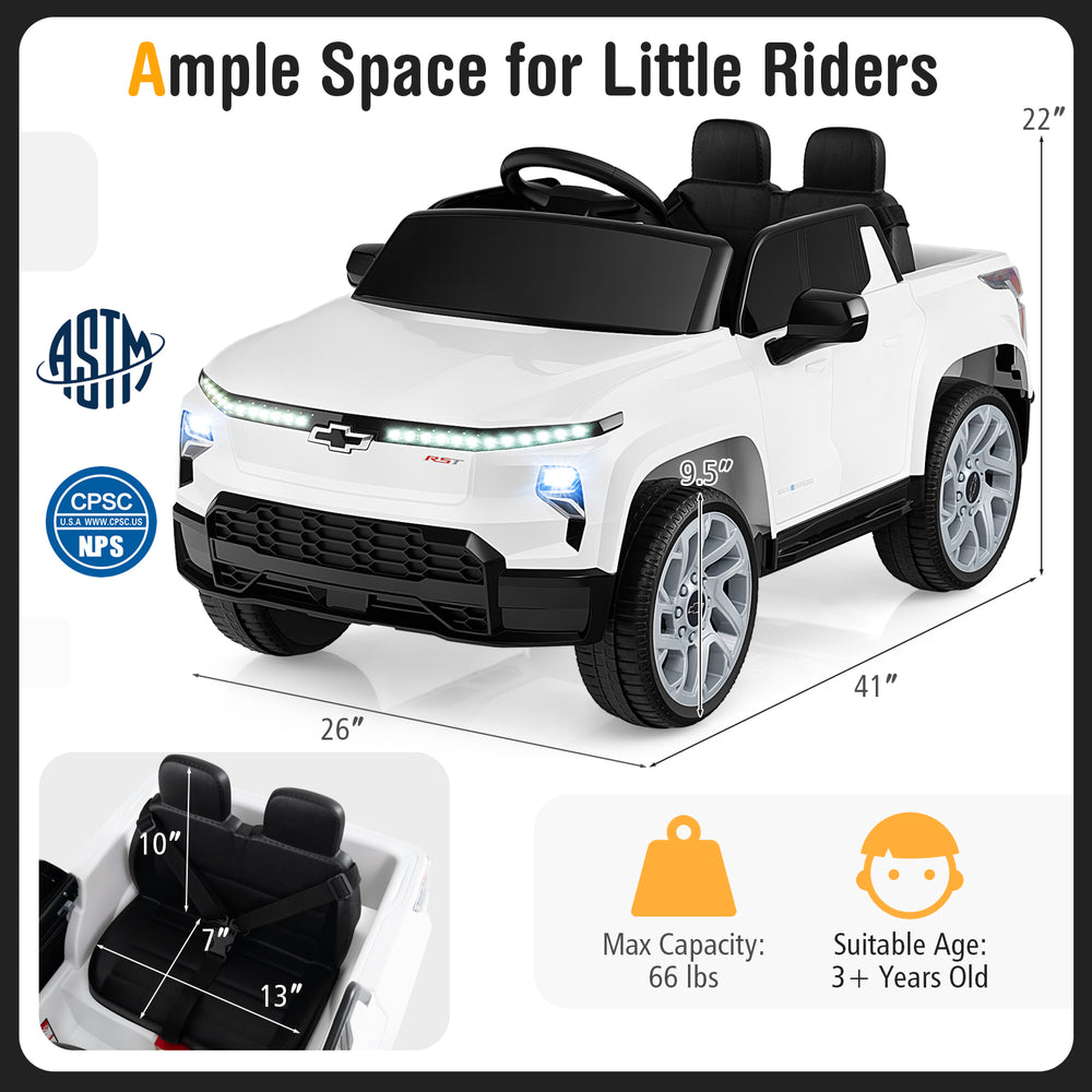 Licensed Chevrolet 12V ride-on truck for kids, featuring remote control, spacious seat, and realistic lights for.