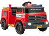 Front view of the red 12V ride-on fire truck with flashing lights and siren, designed for fun and imaginative play for.