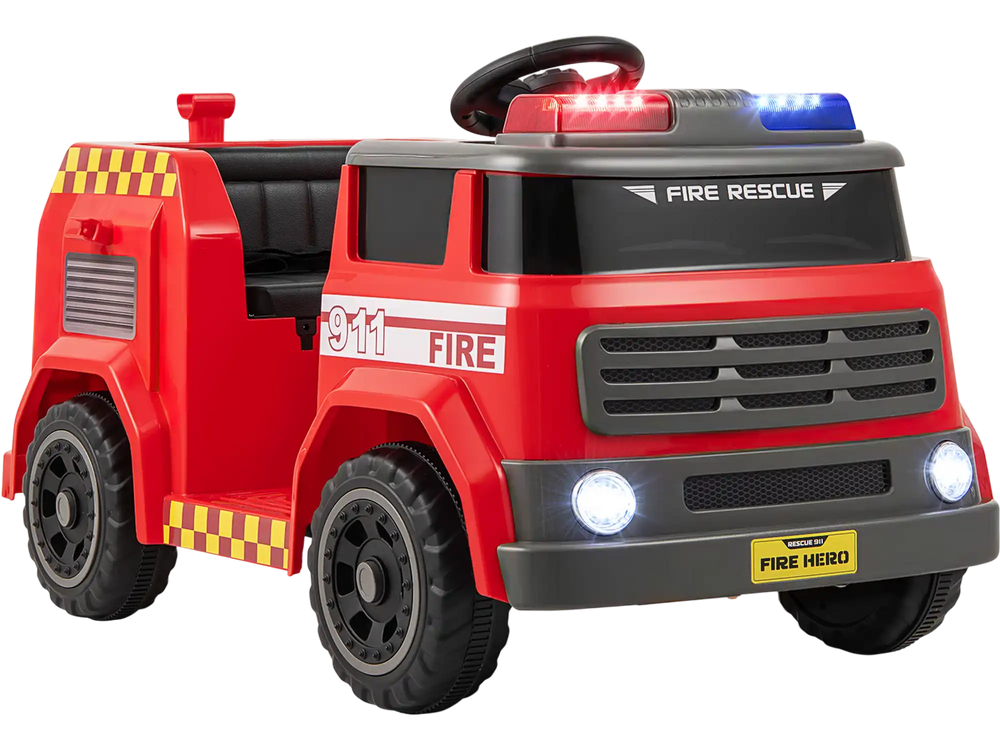 Front view of the red 12V ride-on fire truck with flashing lights and siren, designed for fun and imaginative play for.