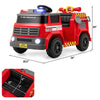 Red 12V ride-on fire truck with water gun, spacious seat, and safety belt for kids aged 37-95 months.