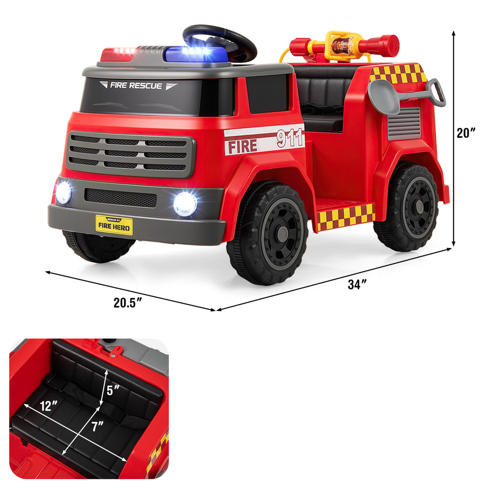Red 12V ride-on fire truck with water gun, spacious seat, and safety belt for kids aged 37-95 months.