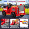 Red 12V ride-on fire truck with water gun, featuring a realistic design and parent control mode for kids aged 37-95.