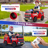Ride-on fire truck in red with water gun, parent control mode, and independent driving mode for kids aged 37-95 months.