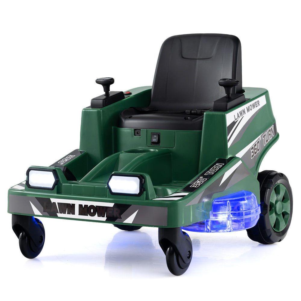 Kids 12V ride-on lawn mower in green with dual control sticks and LED lights, designed for fun and safe outdoor play.