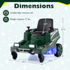 Dimensions of the 12V ride-on lawn mower for kids, featuring LED lights, suitable for ages 3-8, with a weight capacity.