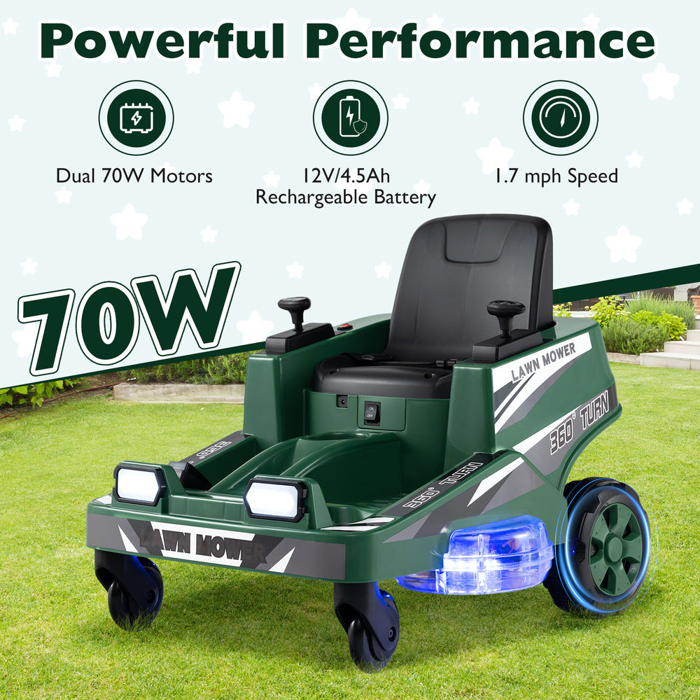 Kids ride-on lawn mower in green with dual control sticks, LED lights, and 360° turning for fun outdoor play.