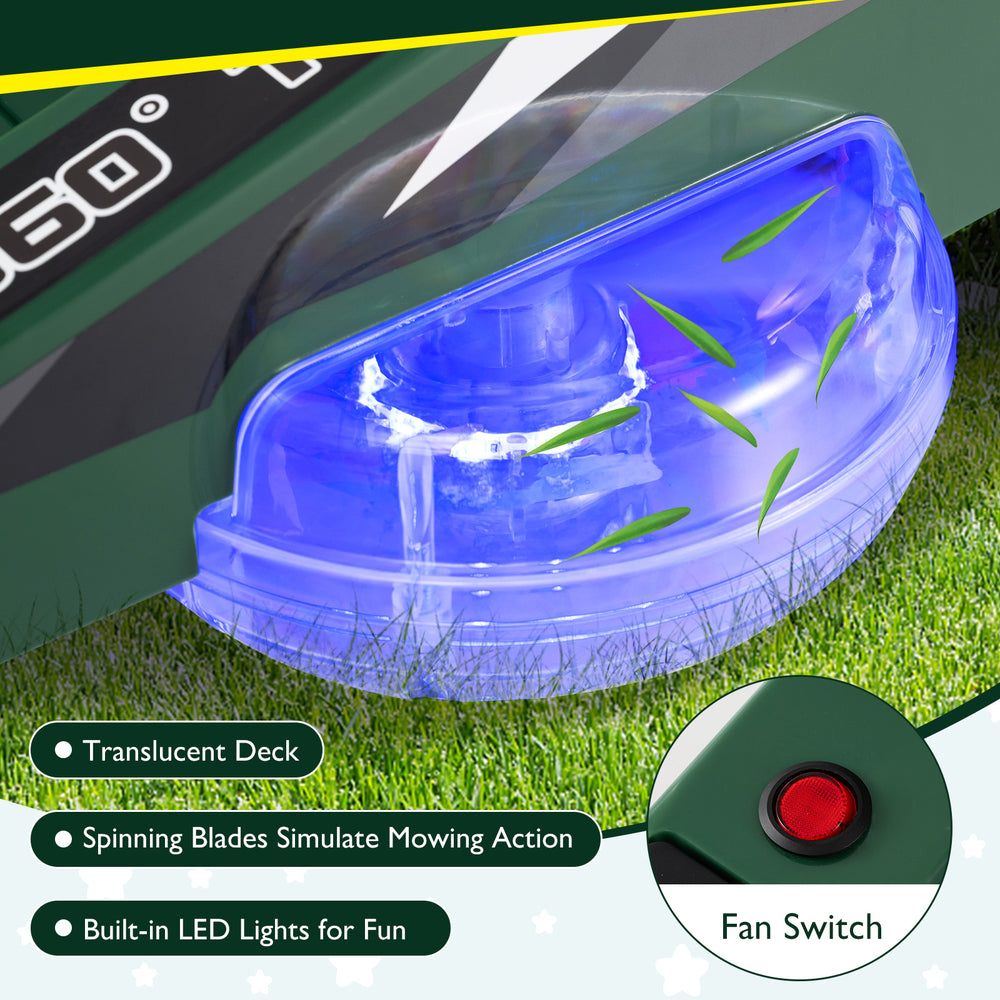 Translucent deck of the 12V ride-on lawn mower for kids, featuring LED lights and spinning blades for realistic mowing.