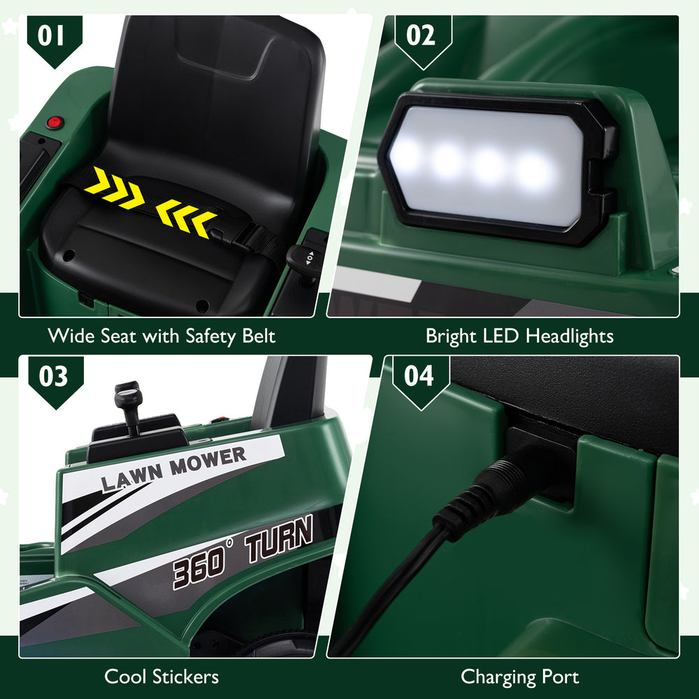 Wide seat with safety belt on a green 12V ride-on lawn mower for kids, featuring LED headlights and charging port.