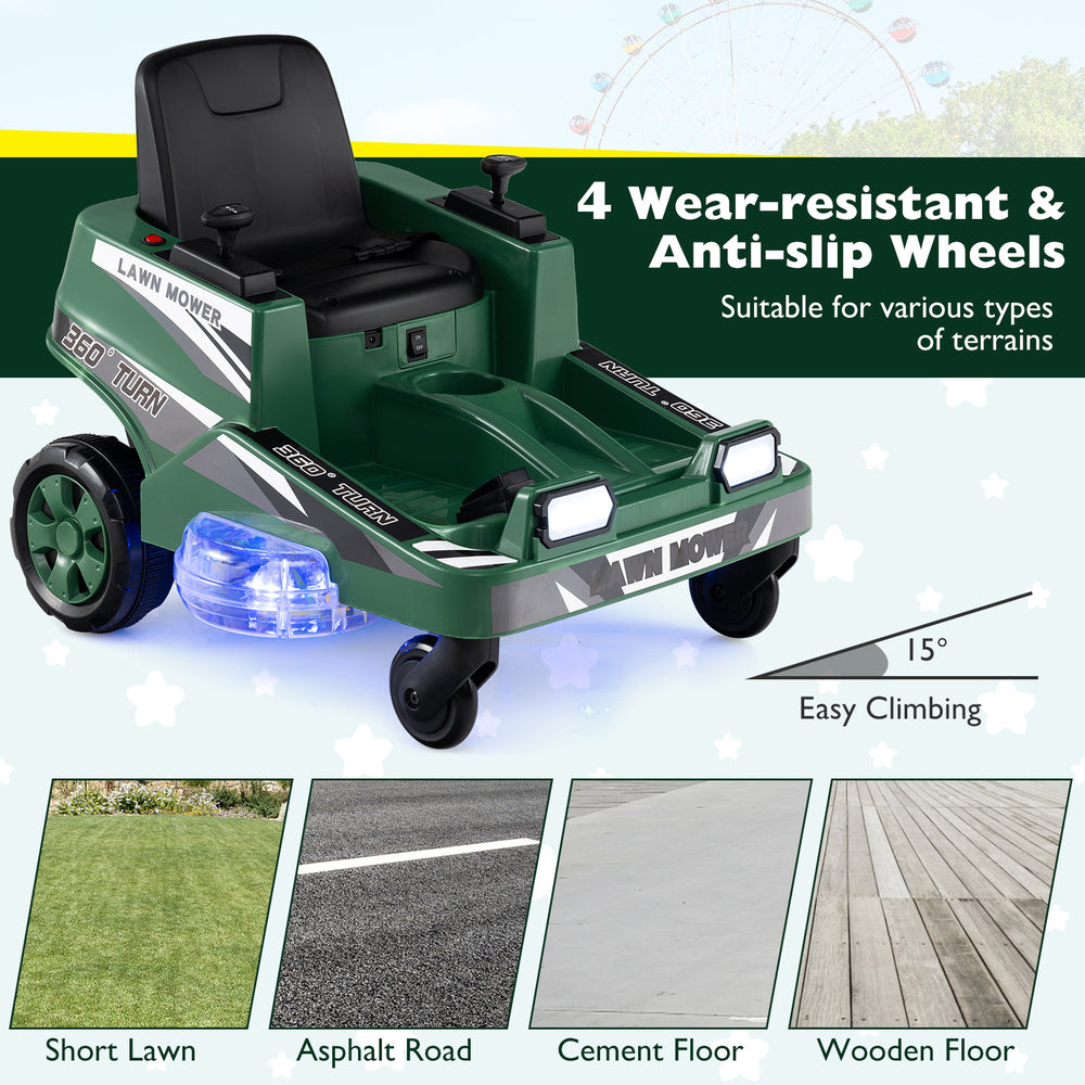 Ride-on lawn mower for kids in green with LED lights, anti-slip wheels, and dual control sticks for versatile terrain.