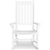 White high back rocking chair made of premium acacia wood, designed for indoor and outdoor comfort and elegance.