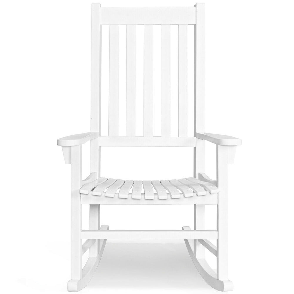 White high back rocking chair made of premium acacia wood, designed for indoor and outdoor comfort and elegance.