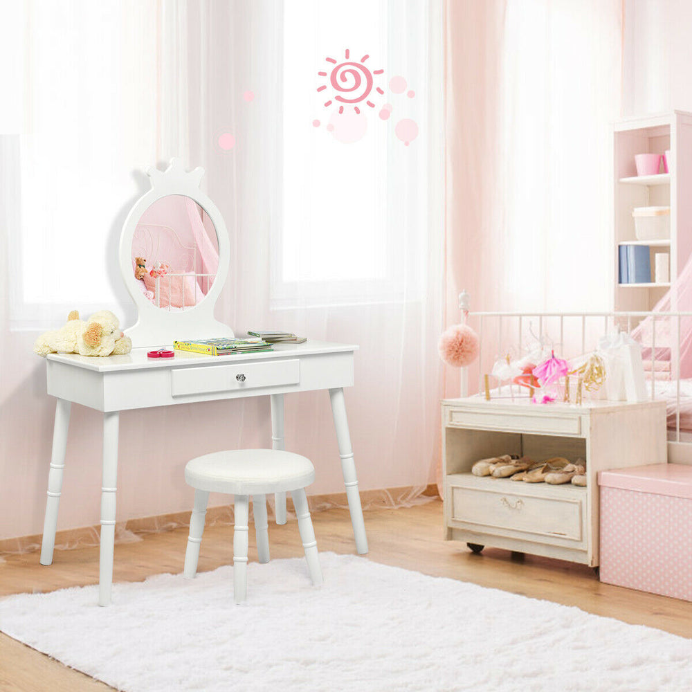 Kids vanity makeup table and chair set in white with a mirror, perfect for ages 3-8, ideal for bedroom or playroom.