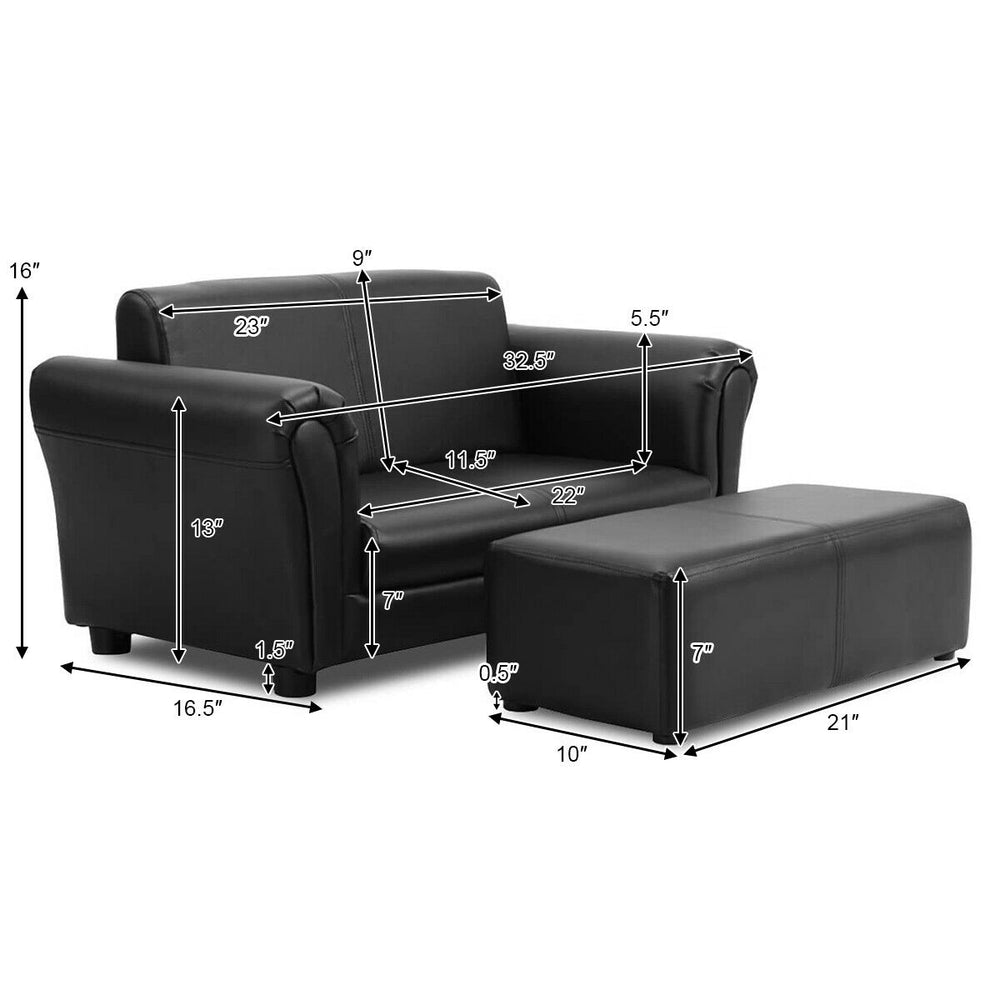 Kids double sofa with ottoman in black, featuring dimensions for space-saving comfort in playrooms or bedrooms.