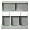 Freestanding gray storage organizer with three baskets, two open shelves, and three bins for versatile storage.