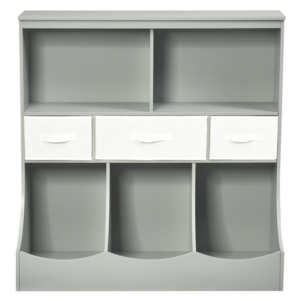 Freestanding gray storage organizer with three baskets, two open shelves, and three bins for versatile storage.