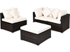 4-piece rattan wicker patio sofa set with white cushions, including 2 corner sofas, 1 armless sofa, and 1 ottoman.