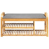 Bamboo shoe rack bench with cushion, featuring three tiers and ergonomic design, ideal for entryway or bedroom use.