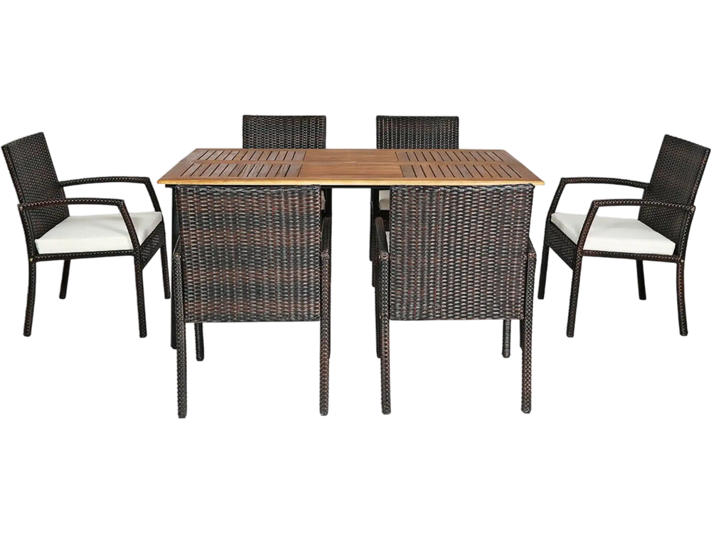 View of the 7PCS patio dining set showcasing six cushioned armchairs arranged around an acacia wood table, ideal for.