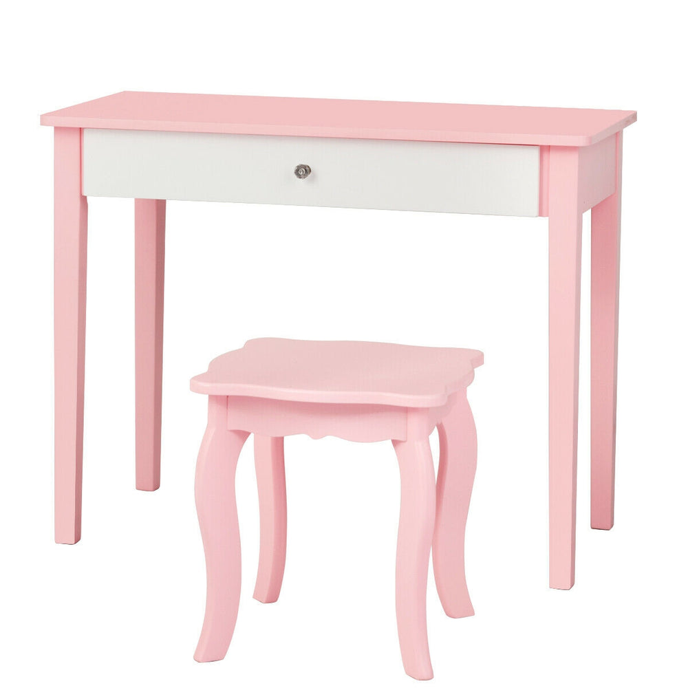 Kids pink dressing table set with tri-folding mirror and chair, made of sturdy MDF, perfect for bedroom or playroom use.