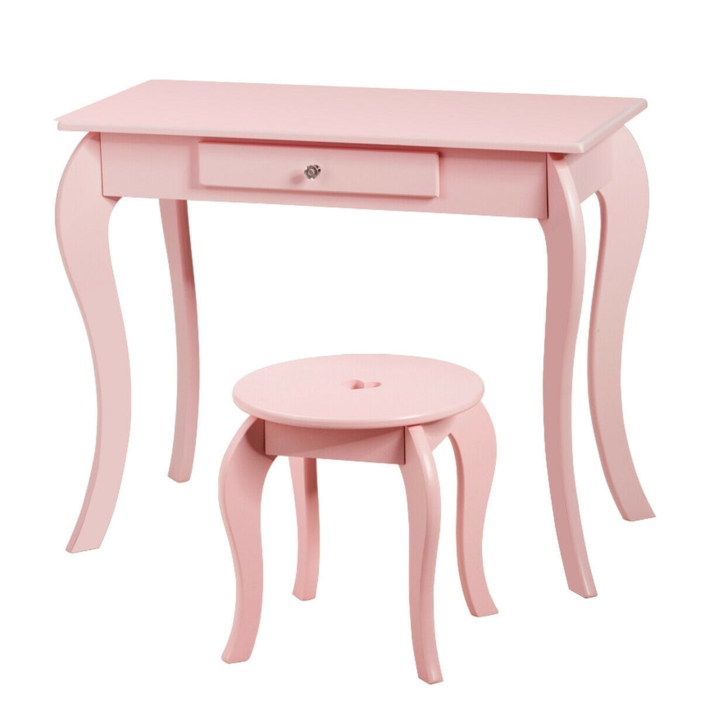 Kids pink makeup dressing table set with mirror and stool, made of MDF and pine wood, ideal for bedrooms and playrooms.