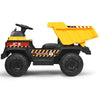 Kids ride-on dump truck in yellow with electric bucket, parental remote control, and rechargeable 12V motor for outdoor.