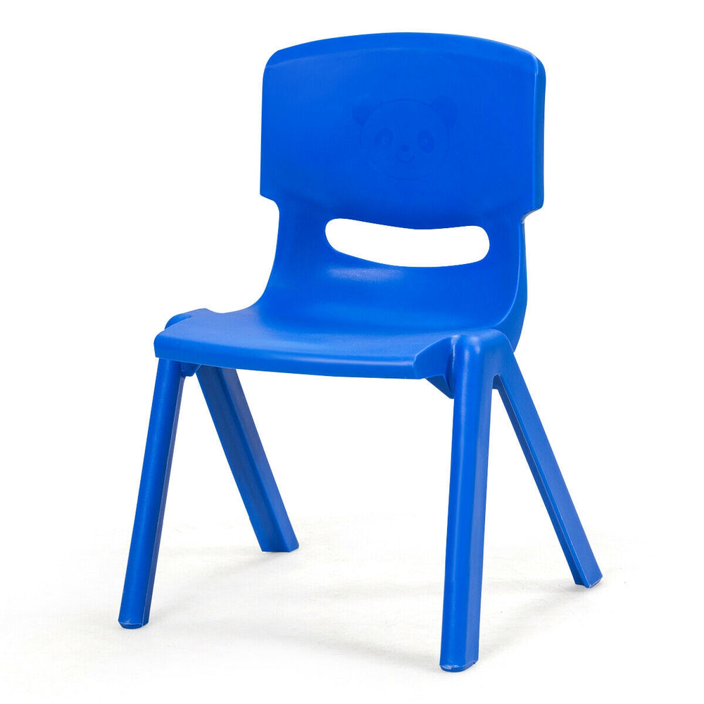 Blue kids' plastic stackable chair with ergonomic design, ASTM certified, ideal for indoor and outdoor use.