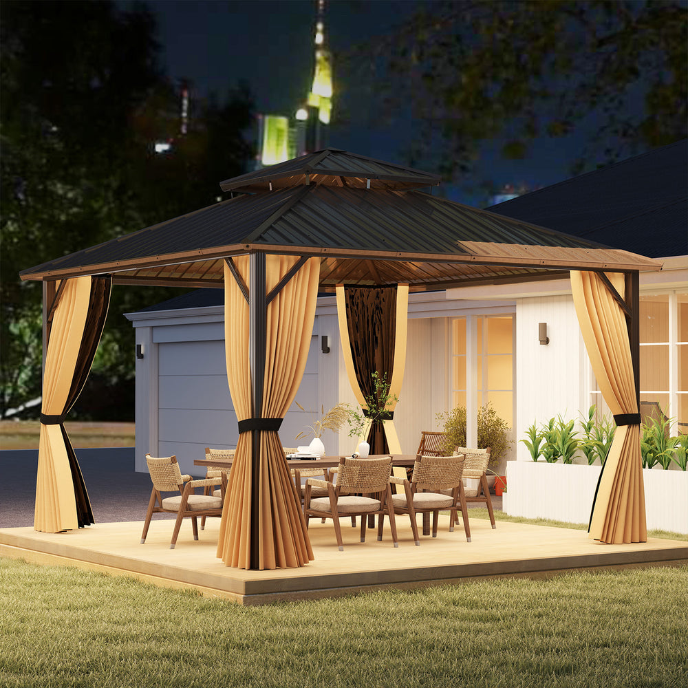12 x 12 FT hardtop gazebo with waterproof roof and mesh sidewalls, perfect for outdoor patio gatherings.