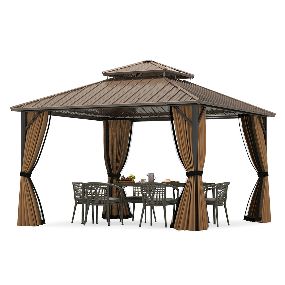 12x12 FT hardtop gazebo with waterproof metal roof and zippered curtains, ideal for outdoor patio gatherings.