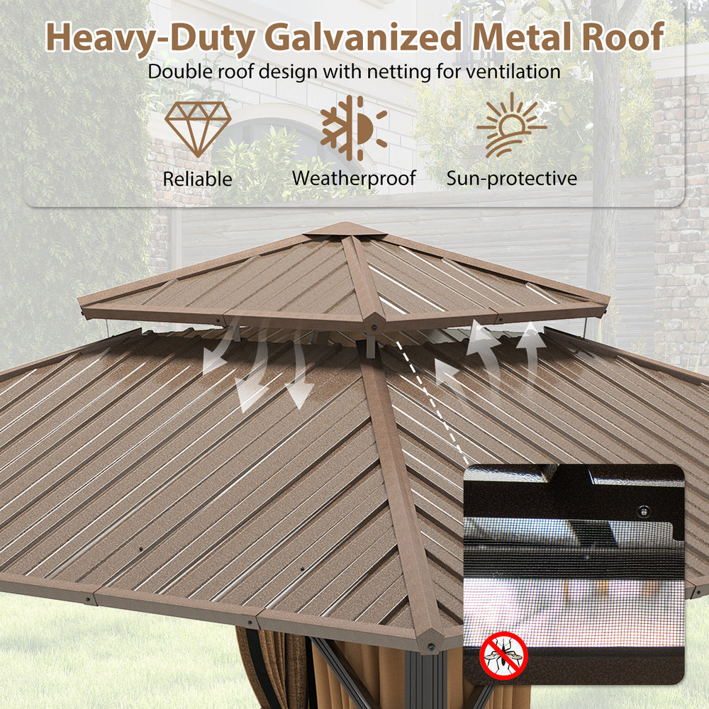 Heavy-duty galvanized metal roof of a 12 x 12 FT gazebo, designed for weatherproof protection and ventilation.