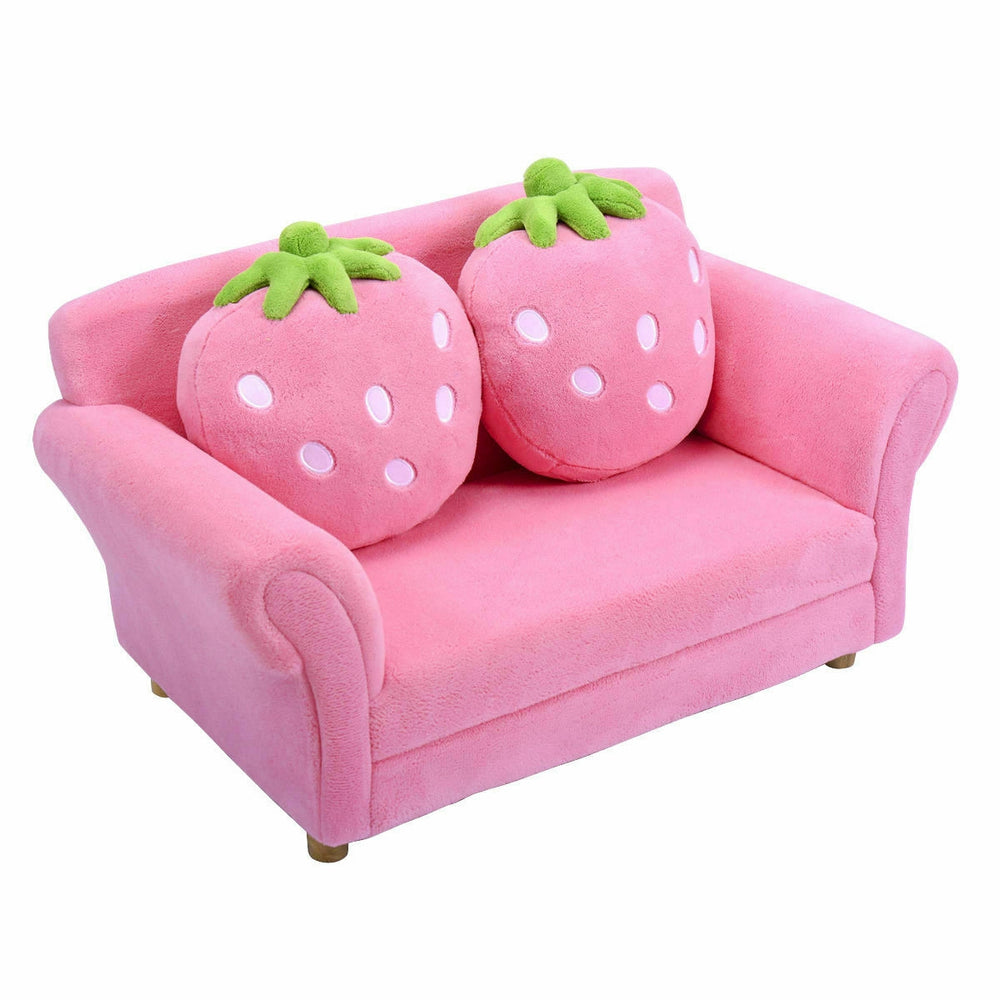 Kids strawberry armrest chair sofa in pink with plush fabric and storage arms, ideal for kids' playtime and relaxation.