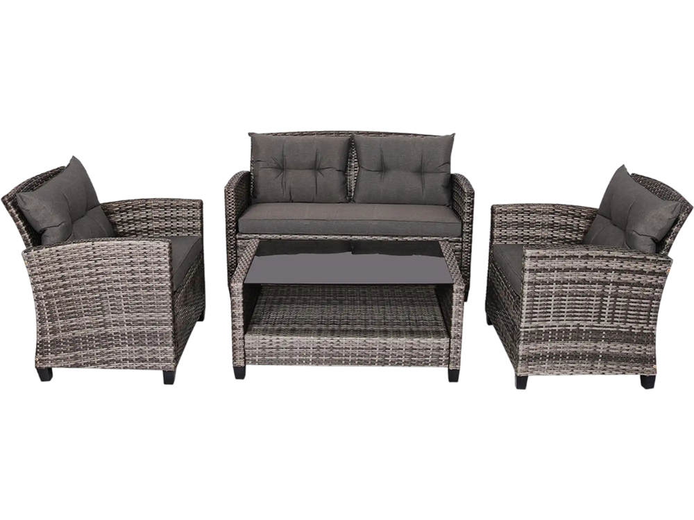Modern 4-piece patio rattan furniture set in gray with cushioned loveseat and coffee table for outdoor relaxation.