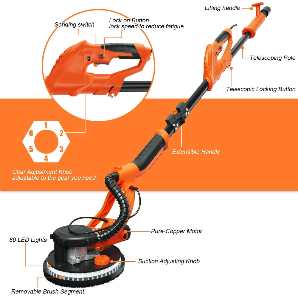 Detail view of the Electric Foldable Drywall Sander's ergonomic handle and gear adjustment knob for customized sanding.
