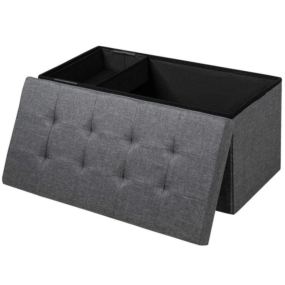 Foldable dark gray storage ottoman with tufted design, featuring a roomy interior and removable storage bin for.