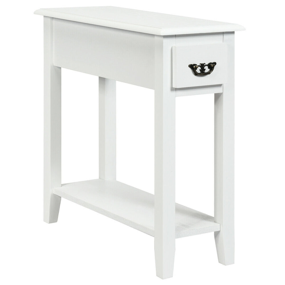 Narrow white 2-tier side table with drawer and lower shelf, made of P2 MDF and rubber wood, ideal for small spaces.