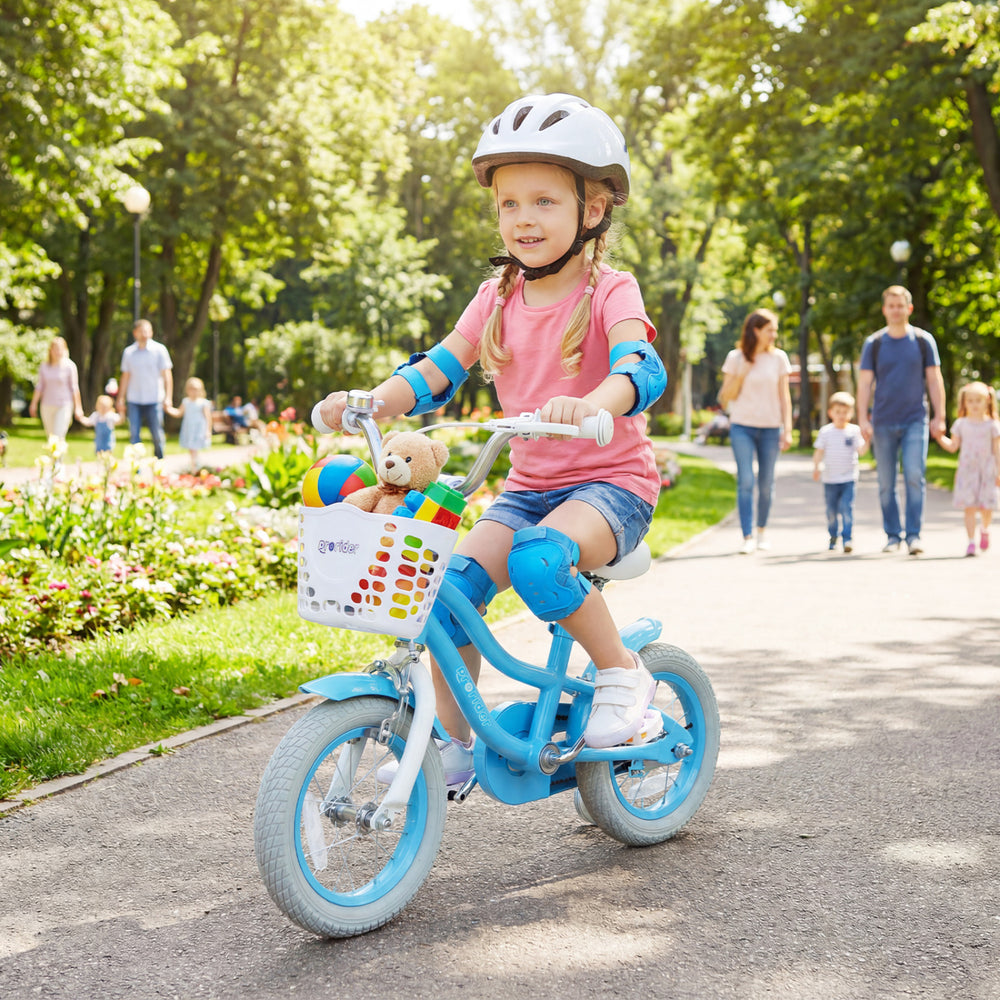 Kids bike with removable storage basket, dual brakes, and adjustable seat, perfect for outdoor fun and safe riding.