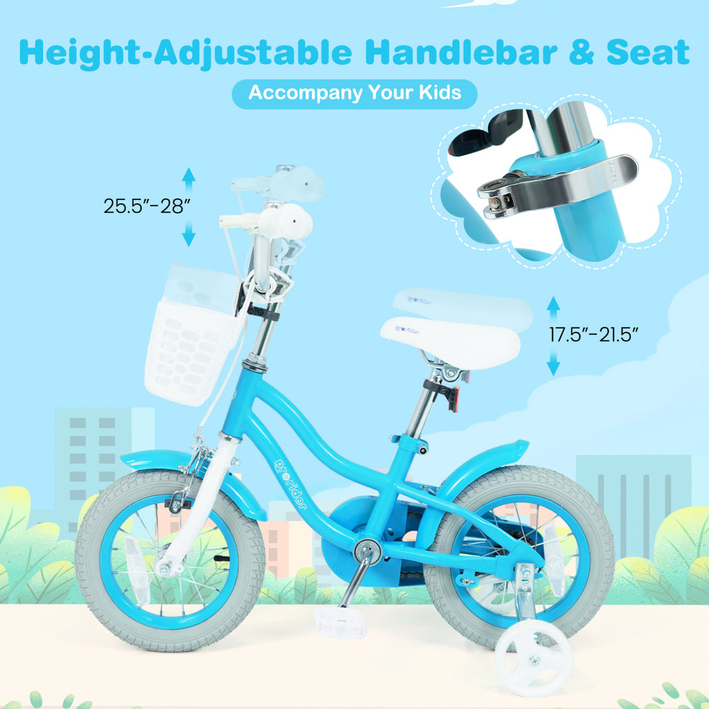 Kids bike with adjustable seat and handlebar, featuring dual brakes and a removable storage basket for fun rides.